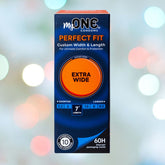 Box of MyONE Extra Wide 7" Condoms (Size 60H) made with premium Sensatex latex for custom fit. Features an orange "Extra Wide" label. Measurements range from 5.2 to 8.5, with a focus on a 7" length. Contains 10 hyperthin condoms against a backdrop of blurred lights.